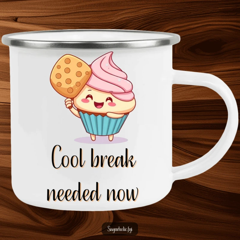 Funny cupcake character fanning with a wafer on a durable camping mug, ready for outdoor escapades.