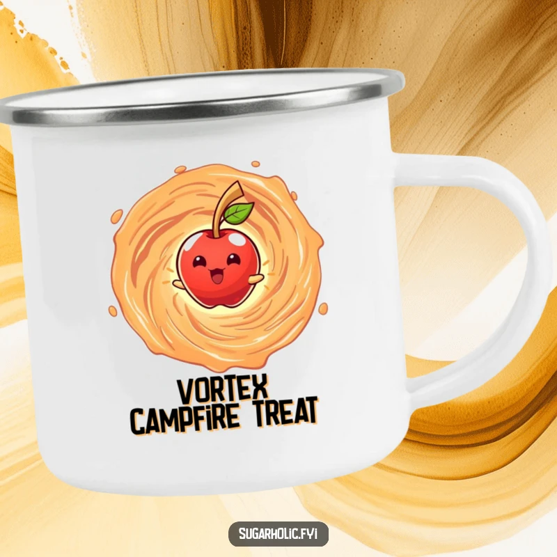 Funny camping mug featuring a beaming anthropomorphic candy apple character spinning in a caramel vortex, perfect for humorous outdoor enjoyment.