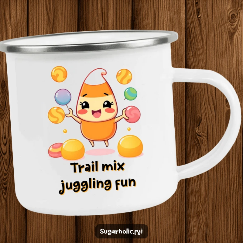 Funny Camping Mug: A durable enamel mug with a beaming candy corn character juggling colorful gumdrops, perfect for outdoor enjoyment.