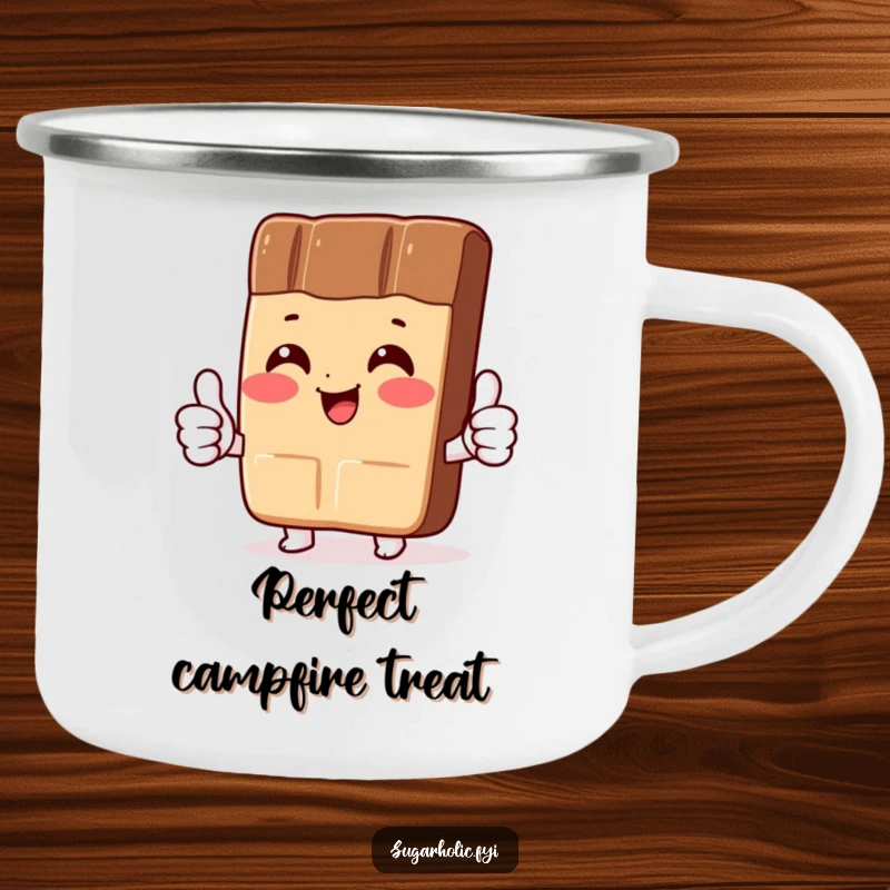 Funny Camping Mug: A sturdy enamel mug with a blushing chocolate bar character giving two thumbs up, ideal for outdoor enjoyment.