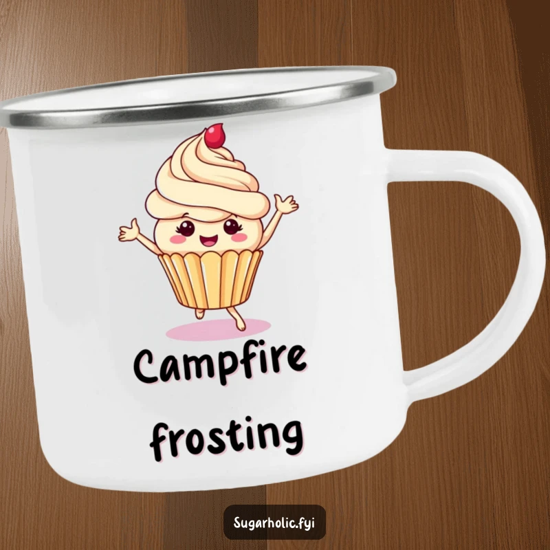 Funny cupcake camping mug with a cheerful character dancing with frosting swirls, durable and hilarious sweet companion for coffee and tea lovers.