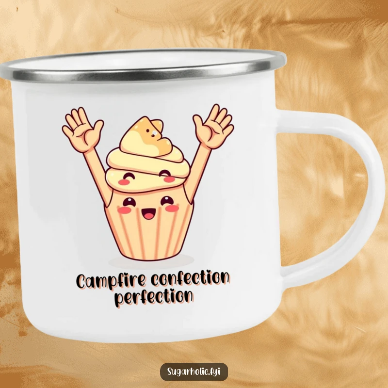 Funny cupcake and gummy bear high-fiving, a durable and humorous camping mug for sipping beverages.