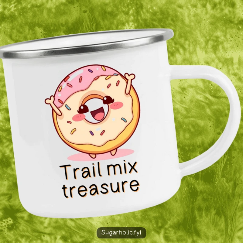 Funny donut character with sprinkles bouncing with excitement on a durable camping mug, perfect for outdoor adventures and a funny gift.