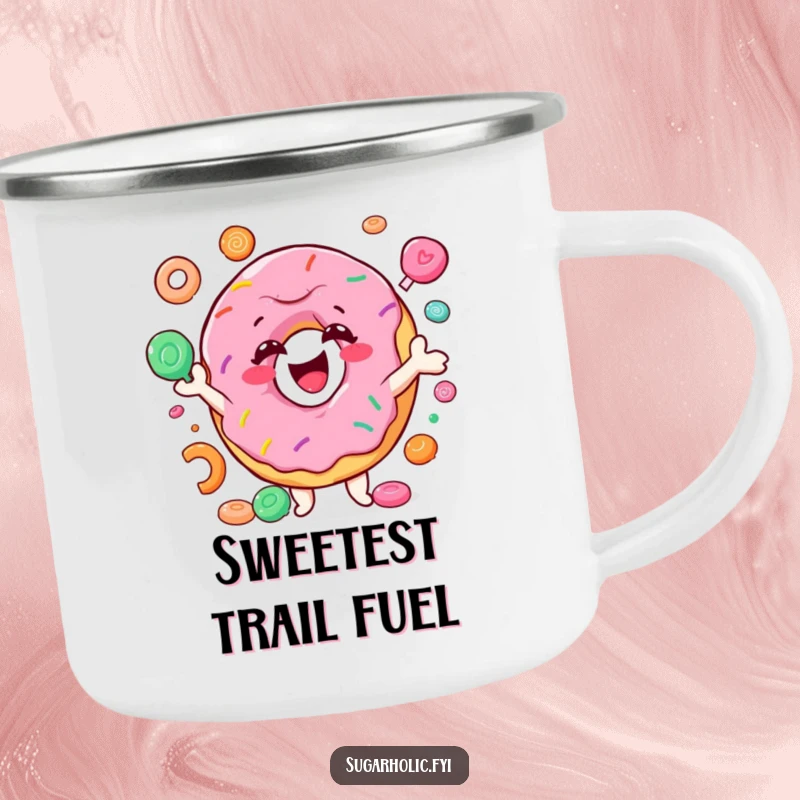 Funny donut camping mug with a smiling character joyfully juggling colorful candy, durable and hilarious outdoor companion for coffee and tea lovers.
