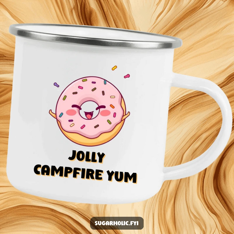 Funny cheerful donut character winking while juggling colorful sprinkles, a durable and comical camping mug.