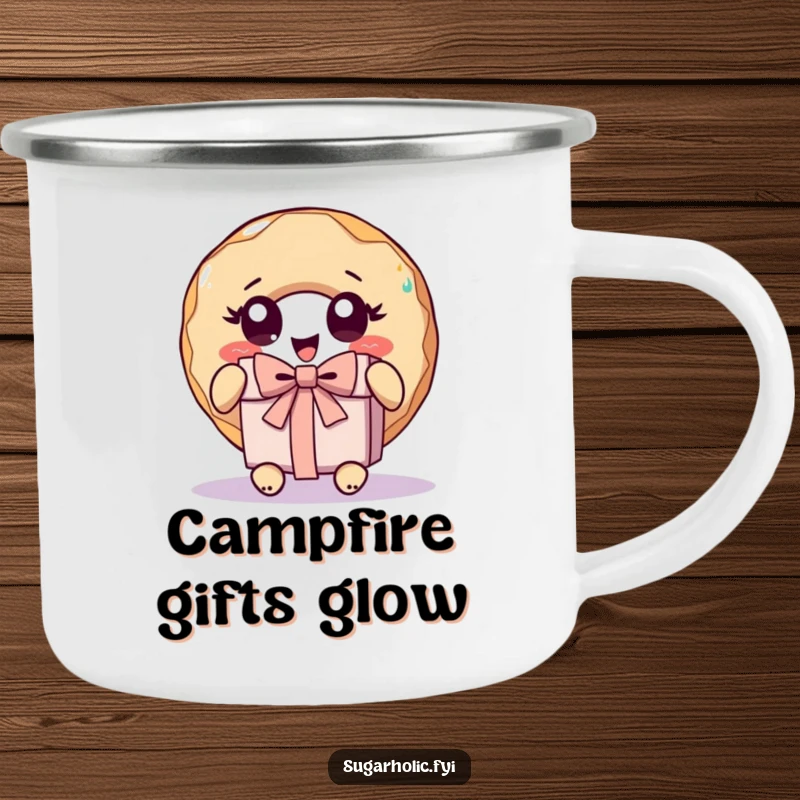 Funny donut character with wide eyes, unwrapping a gift on a durable and humorous camping mug for outdoor enjoyment.