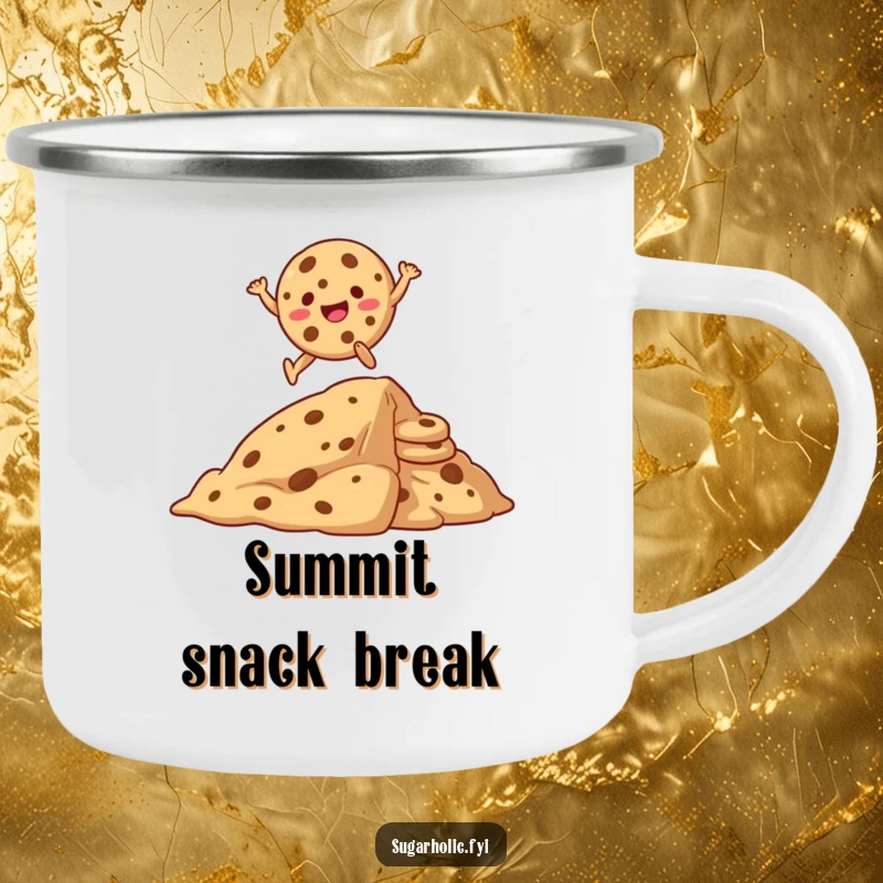 Funny camping mug with a joyful cookie character leaping over a huge stack of cookies, ready for campfire stories.