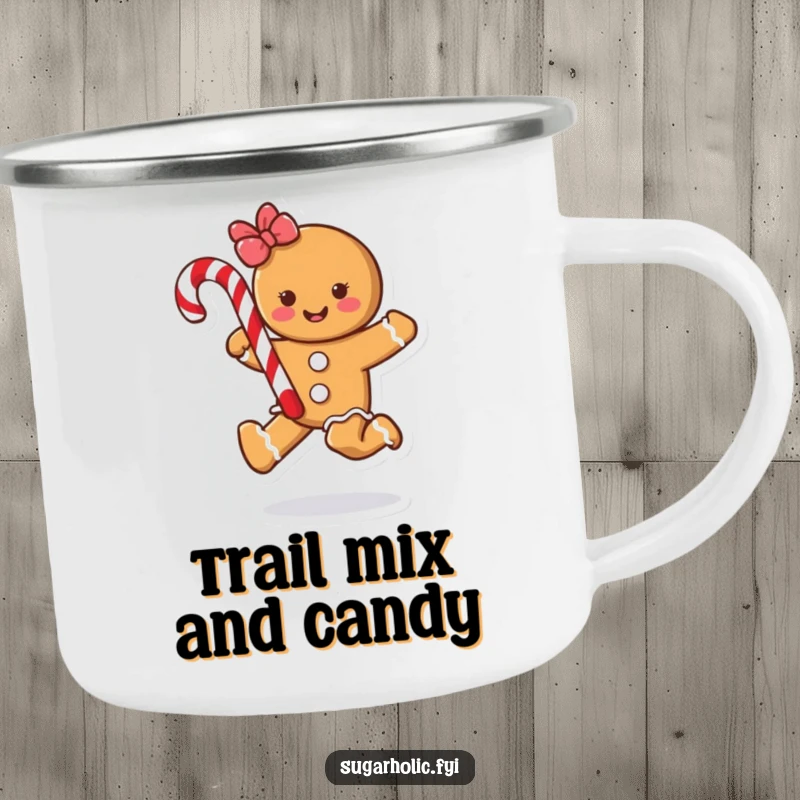 Funny gingerbread cookie character skipping with a candy cane, illustrated on a rugged camping mug for humorous outdoor enjoyment.