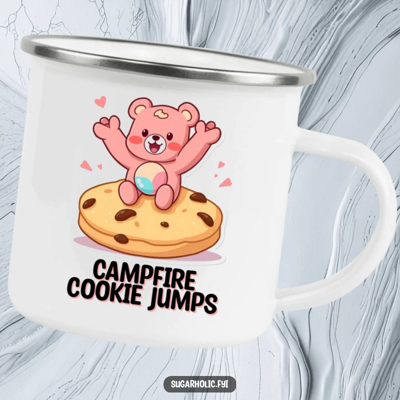 Funny camping mug featuring a gummy bear character jumping on a giant cookie, perfect for outdoor humor and sweet beverages.