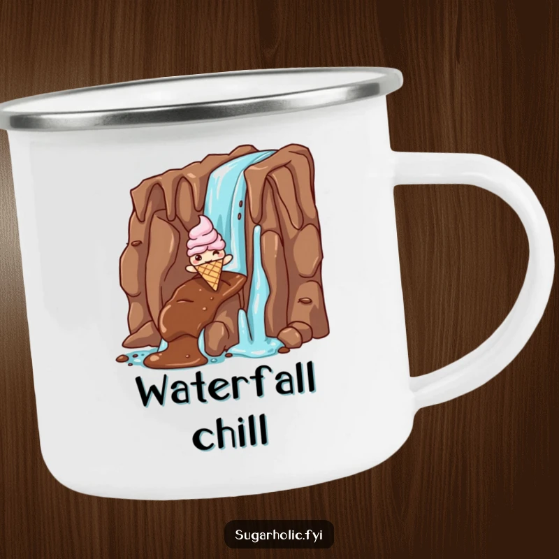 Funny ice cream cone camping mug with a giddy character sliding down a chocolate waterfall, durable and hilarious outdoor treat for coffee lovers.