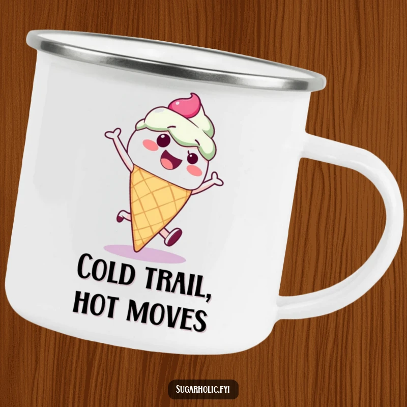 Funny ice cream cone character doing a cartwheel, depicted on a durable and humorous camping mug for outdoor fun.