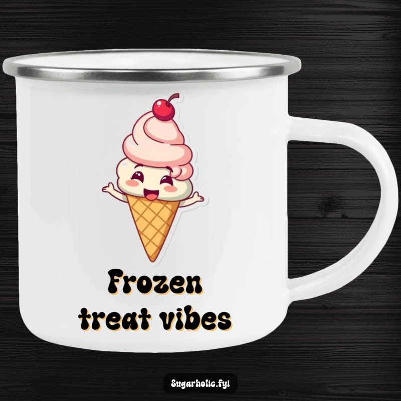 Funny ice cream cone character with a cherry on top giggling and spinning on a durable camping mug, ideal for outdoor fun, a funny gift.