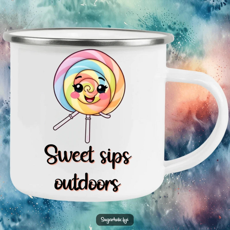 Funny Camping Mug: A sturdy enamel mug with a smiling lollipop character spinning with pure delight, ideal for outdoor adventures.