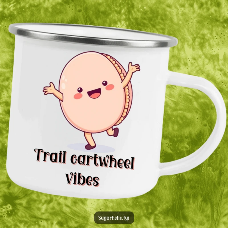 Funny Camping Mug: A sturdy enamel mug with a cheerful macaron character doing a cartwheel with a wide smile, perfect for outdoor enjoyment.
