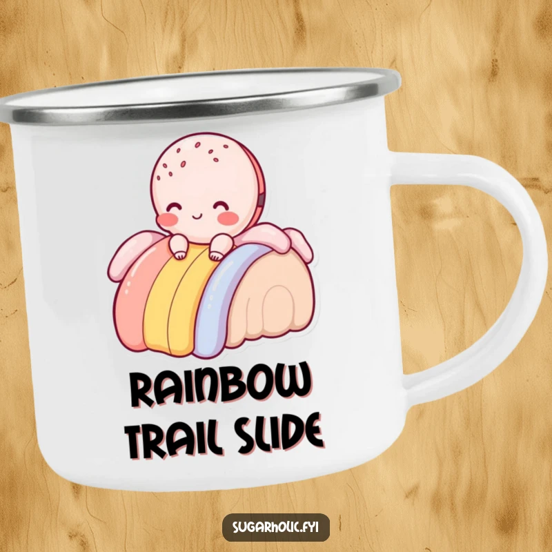 Funny blushing macaroon character sliding down a frosting rainbow, enamel camping mug, durable and charming outdoor accessory.
