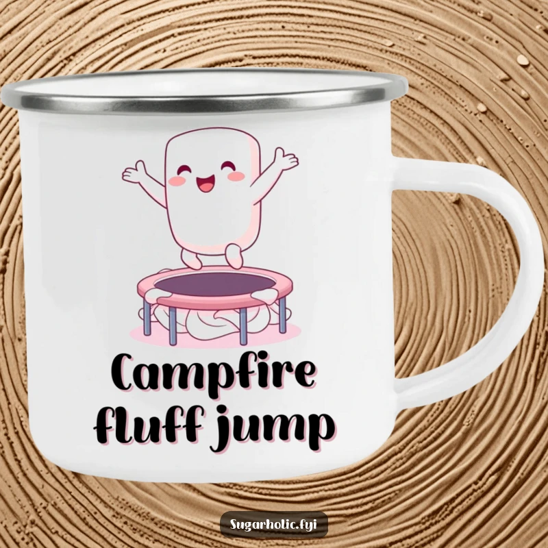 Funny camping mug showcasing an ecstatic marshmallow character bouncing on a whipped cream trampoline, perfect for enjoying drinks outdoors with sweet humor.