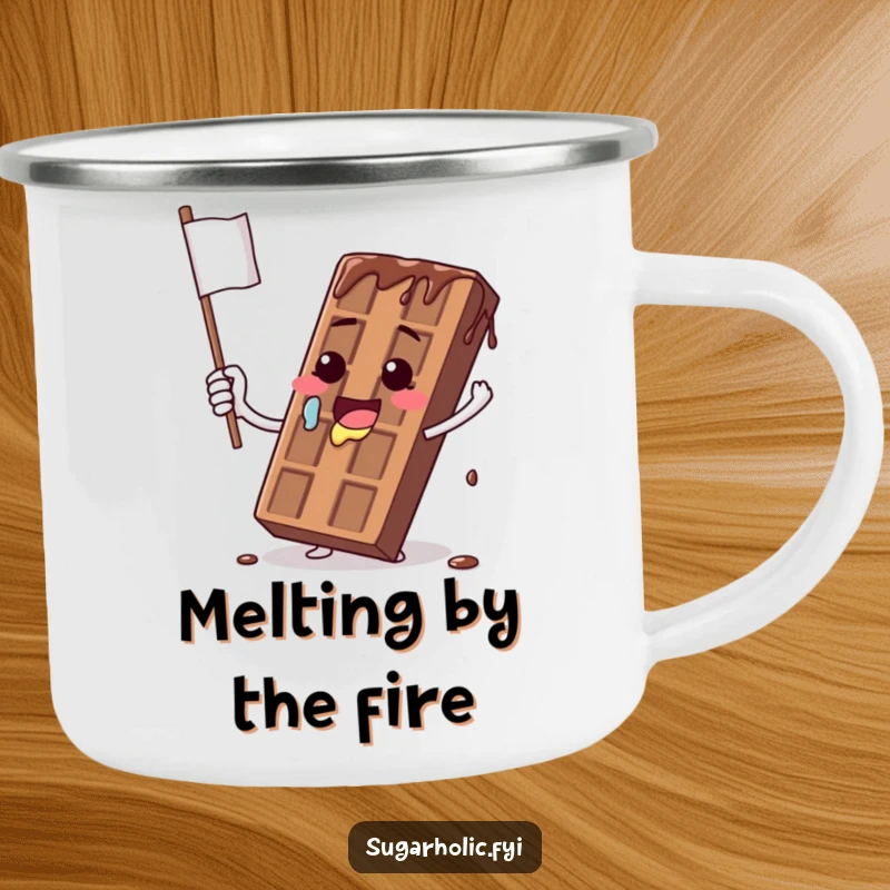 Funny camping mug showing a melting chocolate bar character comically waving a dripping flag, perfect for sweet outdoor moments.