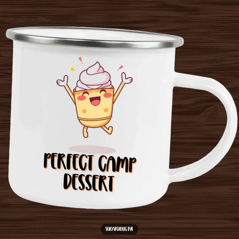 Funny Pie Camping Mug: A cheerful pie character in a celebratory jump, perfect for outdoor adventures and good times.