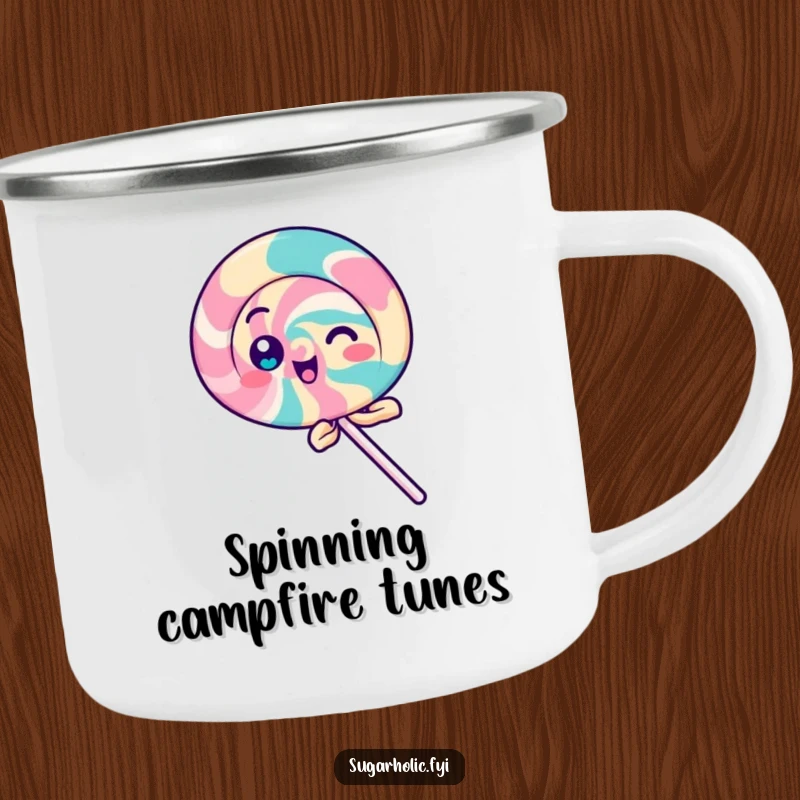 Funny Lollipop Camping Mug with a playful lollipop character spinning with delight, a fun and funny outdoor gift.