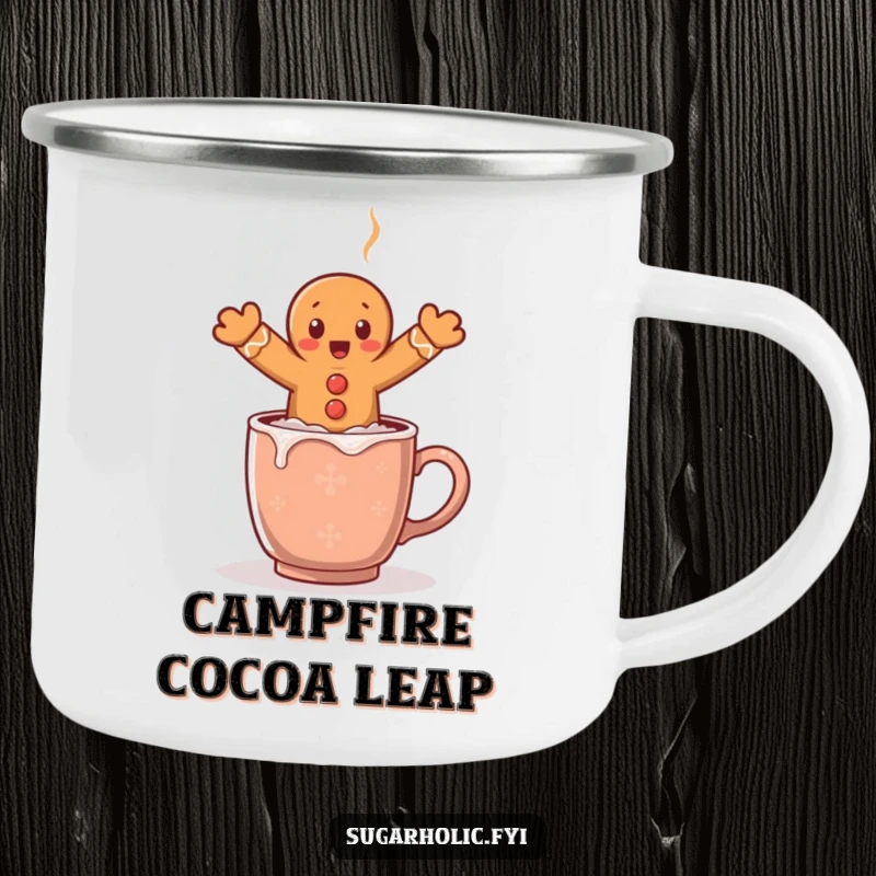 Funny camping mug showing a surprised gingerbread man leaping over a steaming cocoa mug, perfect for festive outdoor moments.