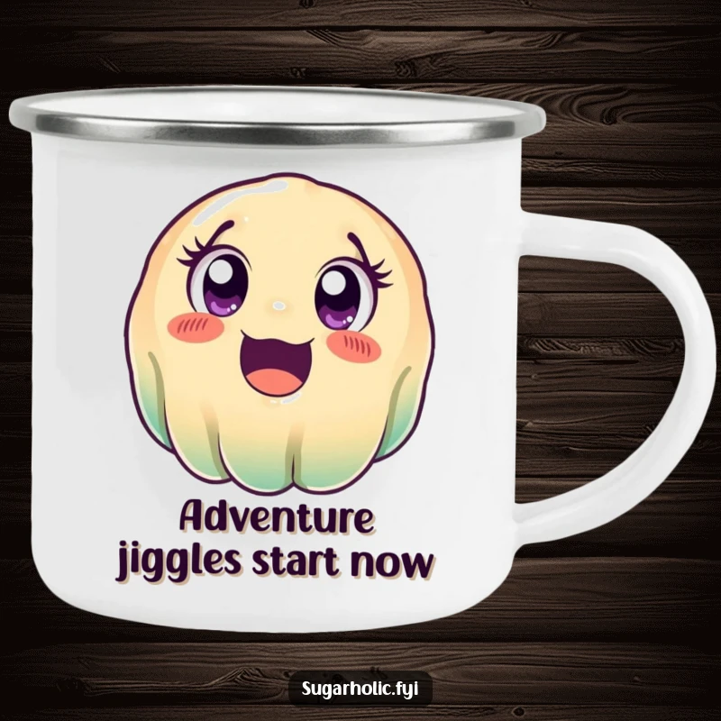 Funny wobbly jelly camping mug, a rugged enamel cup with a cute, excited cartoon jelly character rolling, perfect for outdoor trips.
