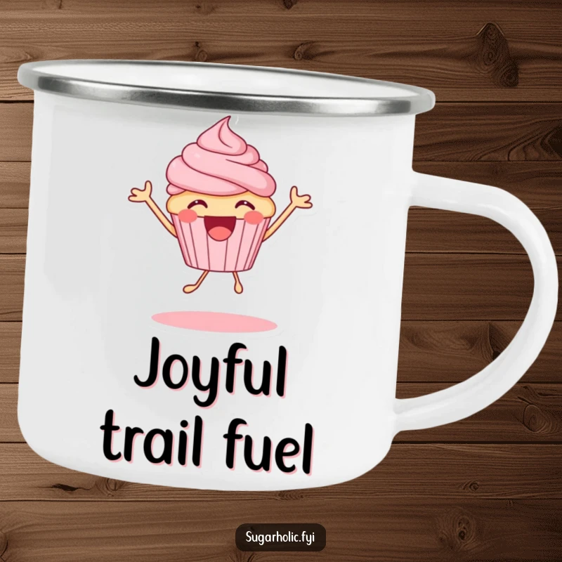 Funny cupcake character bouncing with pure joy, a sturdy and humorous camping mug for outdoor fun.