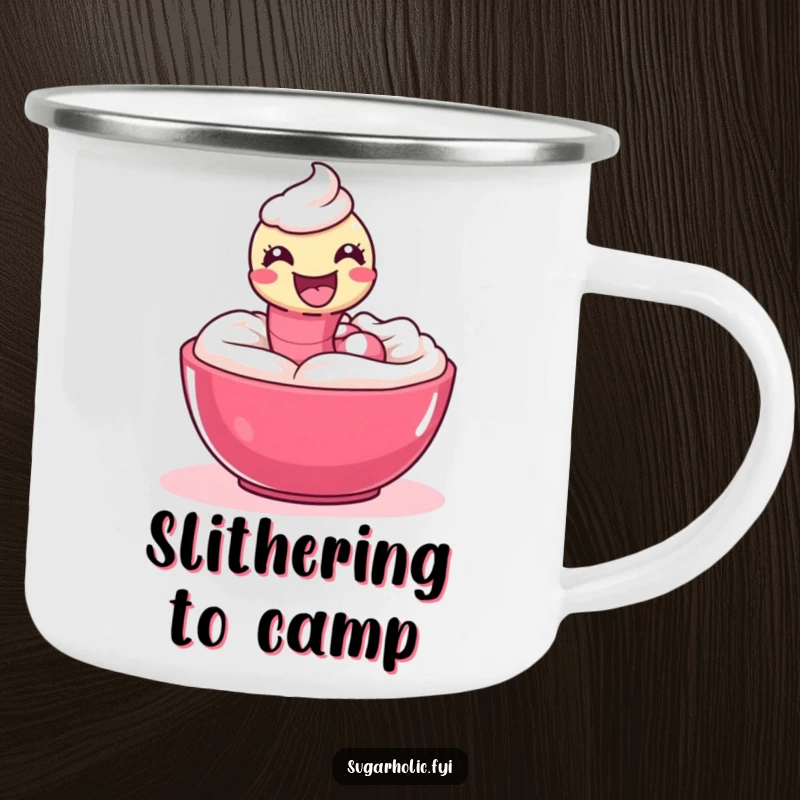 Funny Camping Mug with a delighted gummy worm playfully slithering through icing, built for outdoor fun.