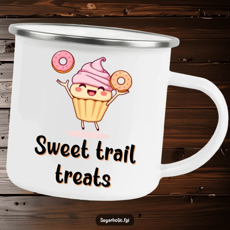 Funny camping mug: A smiling cupcake character joyfully juggling three donuts, perfect for outdoor enjoyment and sweet humor.