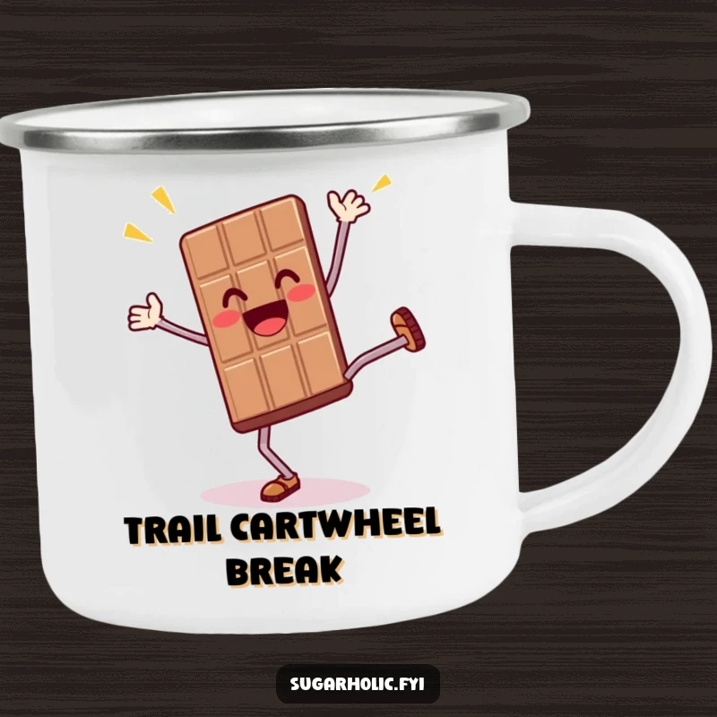 Funny camping mug featuring a thrilled anthropomorphic chocolate bar character doing a cartwheel, perfect for humorous outdoor enjoyment.