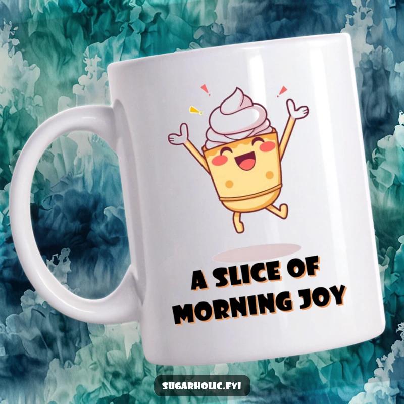 Funny Pie Mug: A cheerful pie character leaps joyfully in the air, radiating pure celebratory zest and happiness.