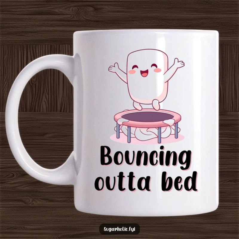 Funny mug showcasing an ecstatic marshmallow character mid-bounce on a fluffy trampoline of whipped cream, radiating pure, sweet joy.