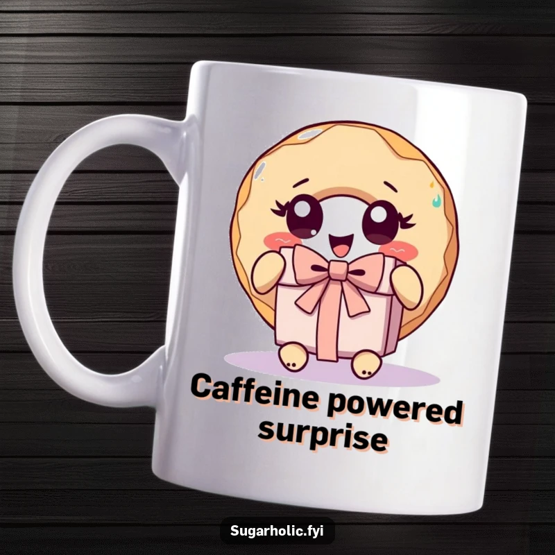 Funny donut character with wide, excited eyes unwrapping a present, printed on a joyful and humorous mug.