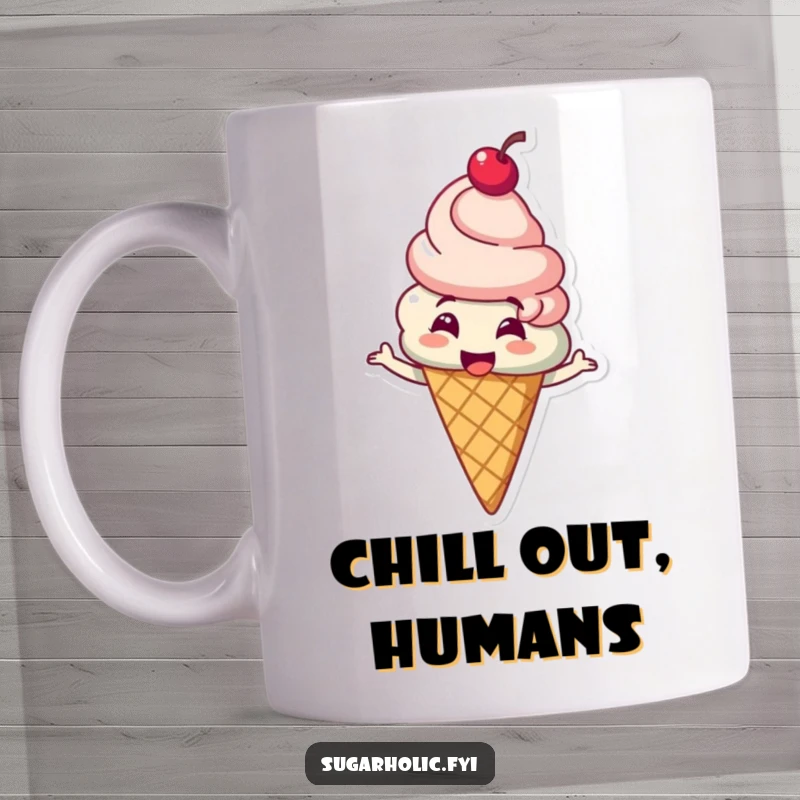 Funny ice cream cone character with a cherry on top giggling and spinning ecstatically on a mug, a delightful and humorous dessert design, a funny gift.