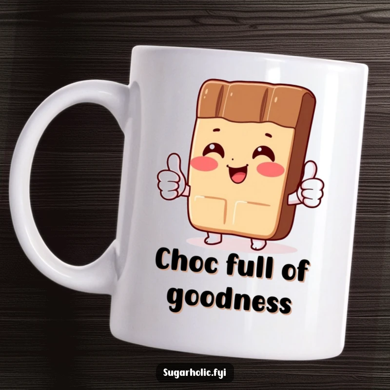 Funny Mug: A blushing chocolate bar character giving a cheerful two thumbs up, radiating satisfaction and sweet approval.