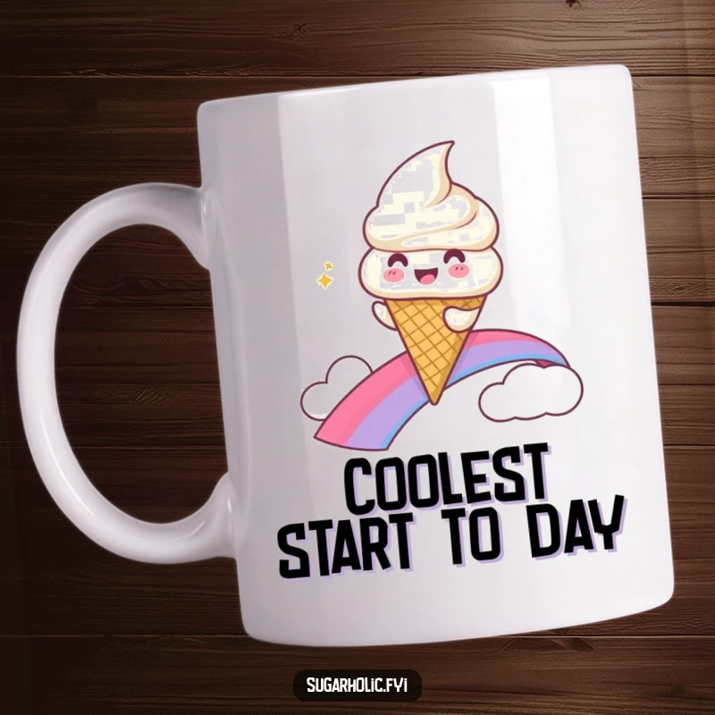 Funny Mug featuring a gleeful ice cream cone character joyfully sliding down a vibrant rainbow.