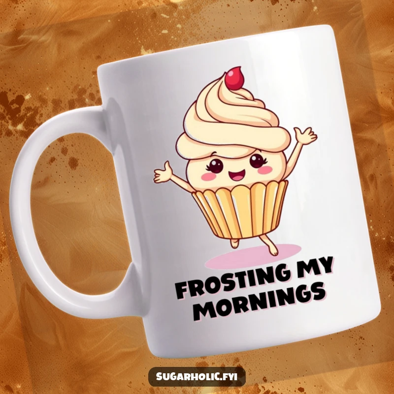 Funny cupcake mug featuring a cheerful character dancing with colorful frosting swirls, perfect for sweet lovers and a hilarious gift.