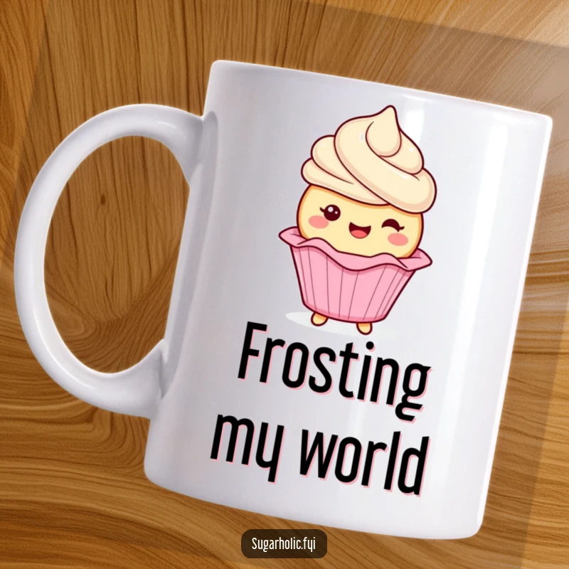 Funny cupcake character with frosting gleefully wiggling its wrapper on a mug, a charming and humorous dessert design, a funny gift.