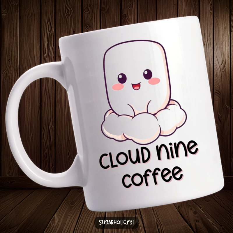 Funny Marshmallow Mug featuring a cheerful marshmallow character floating serenely on a cloud, a dreamy funny gift.