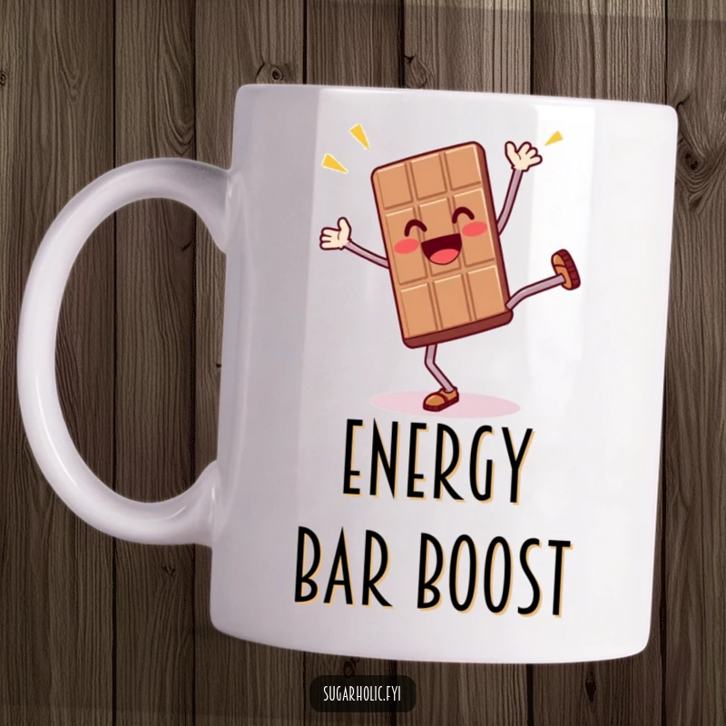 Funny mug featuring a thrilled anthropomorphic chocolate bar character energetically doing a cartwheel, conveying pure excitement.
