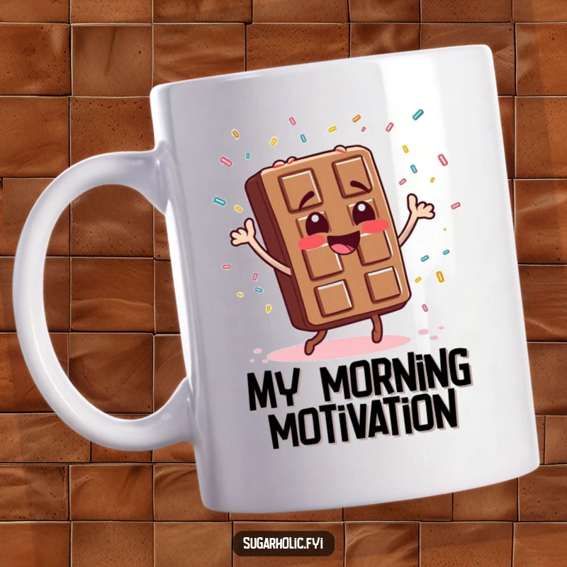 Funny chocolate bar character dancing joyfully with candy sprinkles raining down like confetti, a perfect mug for sweet art lovers.