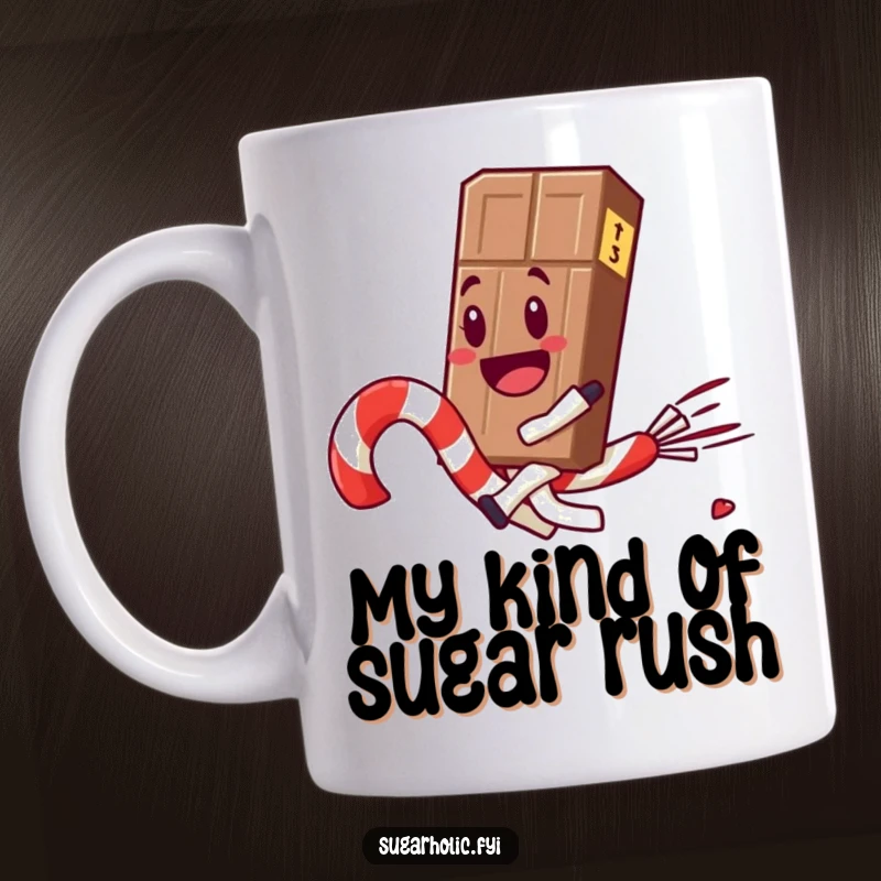 Funny chocolate bar character gleefully rides a fast, runaway candy cane, spreading joy and deliciousness on this mug.