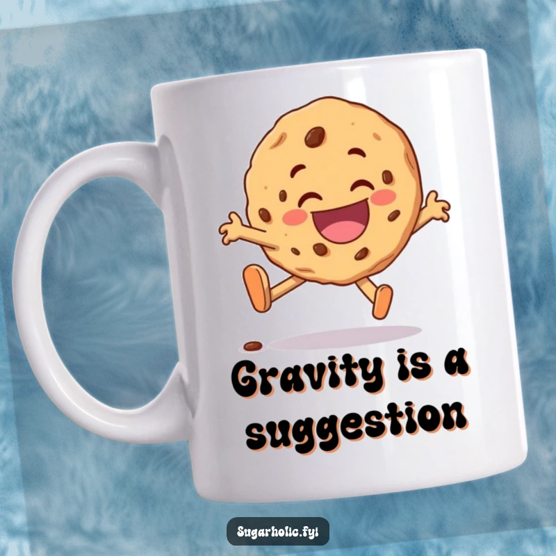 Funny cookie character mug, comically tripping but landing with a wide, delighted grin, capturing playful clumsiness.