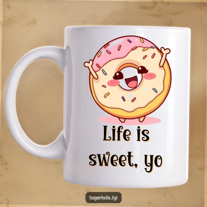 Funny donut character with sprinkles bouncing with pure joy and energy on a ceramic mug, a delightful and humorous gift.