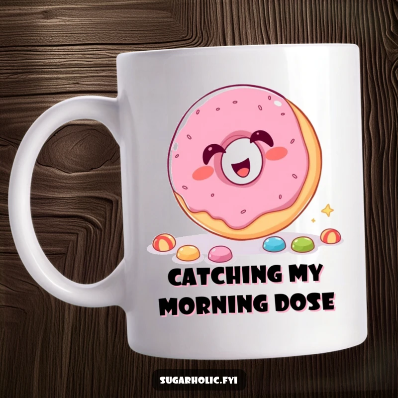 Funny Mug of a giggling donut with its hole, humorously attempting to catch falling candy pieces.