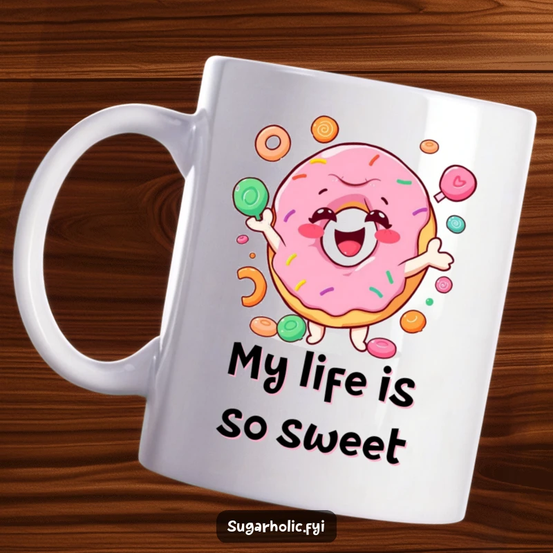Funny donut mug featuring a smiling character joyfully juggling colorful candy, perfect for sweet treat lovers and a hilarious gift.