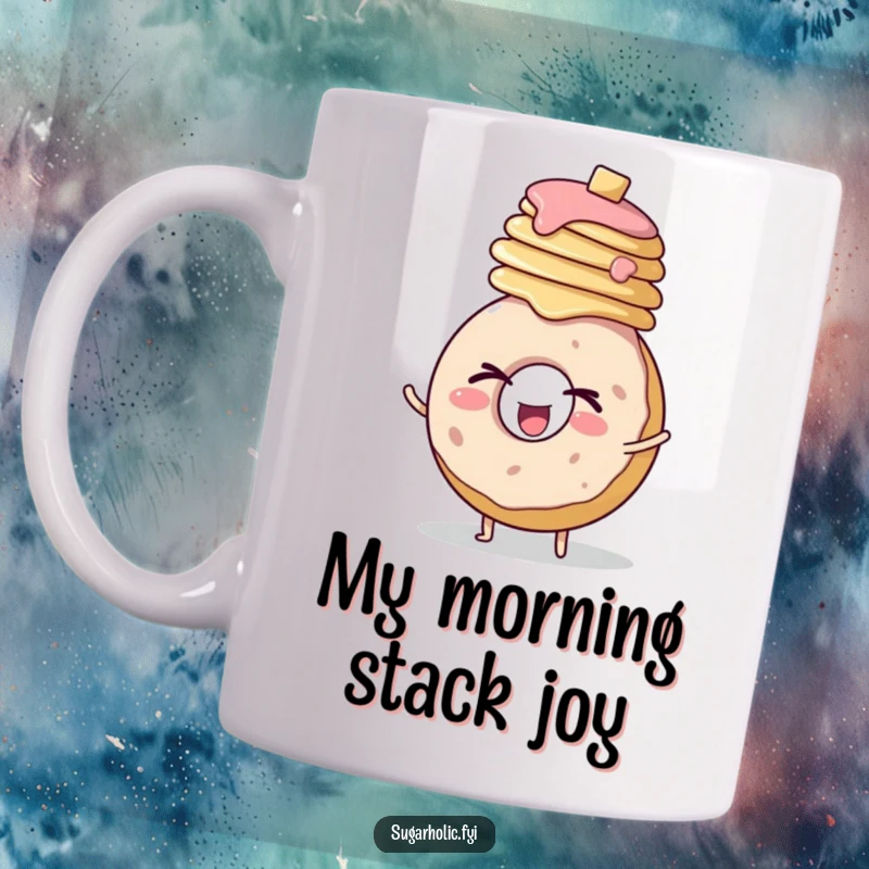 Funny mug showing a round, cheerful donut character enthusiastically winking while perfectly balancing a tall stack of pancakes.