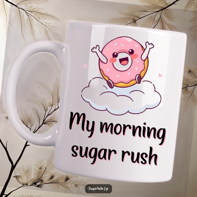 Funny mug featuring a delighted doughnut character performing a cartwheel with glee on a fluffy, sugary cloud, showcasing pure happiness.