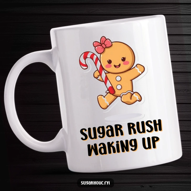 Funny gingerbread cookie character joyfully skipping with a candy cane, perfect for a festive and humorous mug gift.