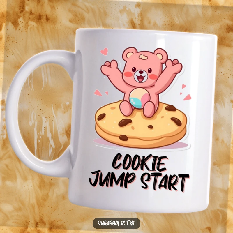 Funny mug featuring a gummy bear character excitedly jumping on a giant cookie, embodying sweet delight and playful energy.