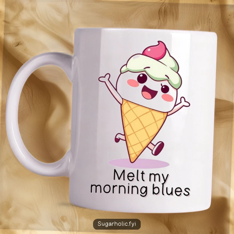 Funny ice cream cone character hilariously doing a cartwheel, printed on a cheerful mug, perfect for a fun gift.